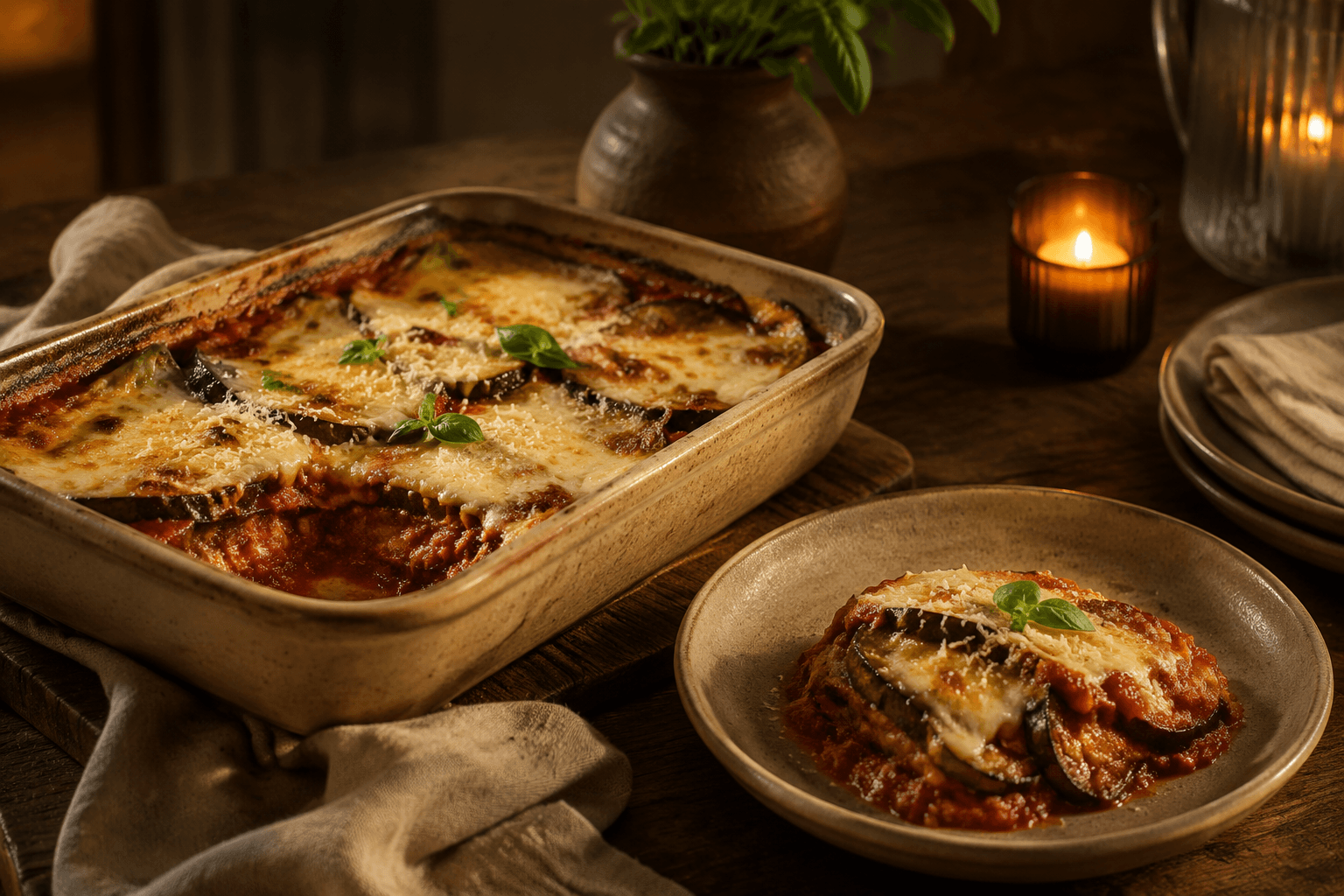 Aubergine parmigiana in een warme Italiaanse dinersetting