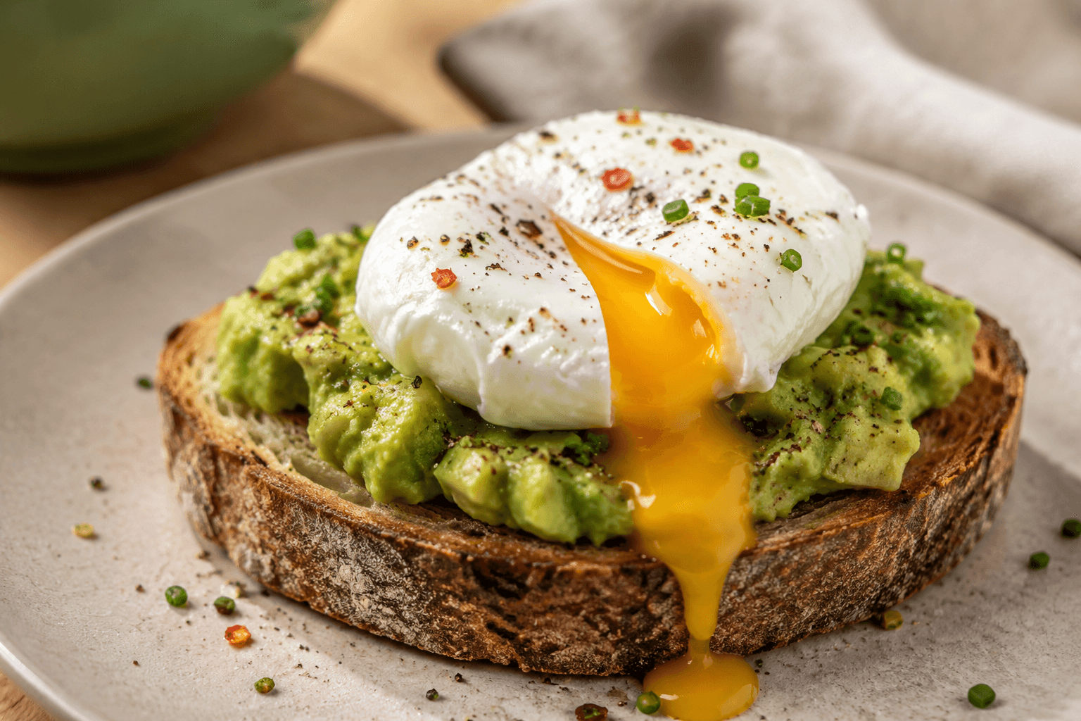 Close-up van avocadotoast met een zachte eidooier