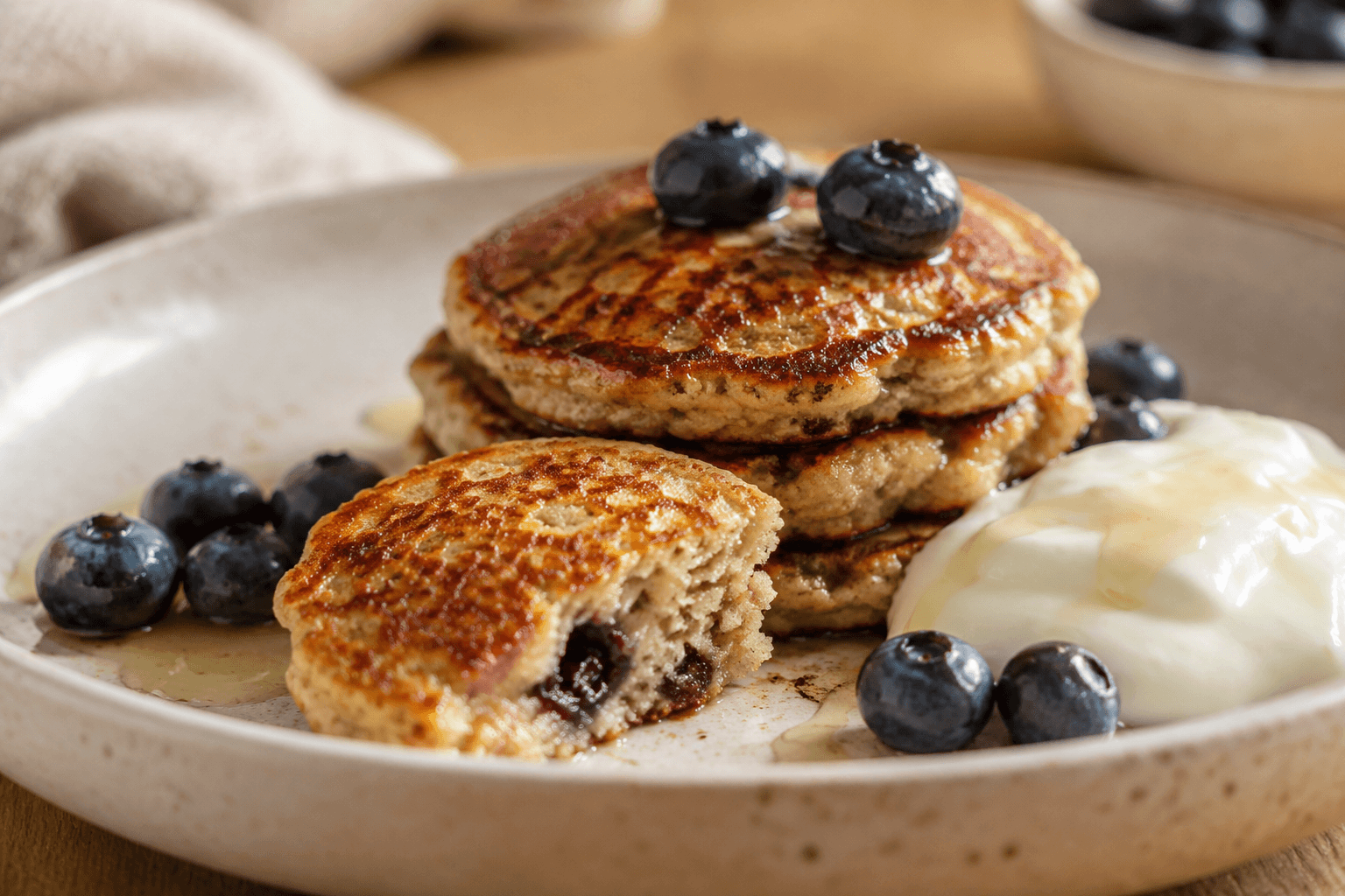 Close-up van luchtige bananenpannenkoekjes met bessen