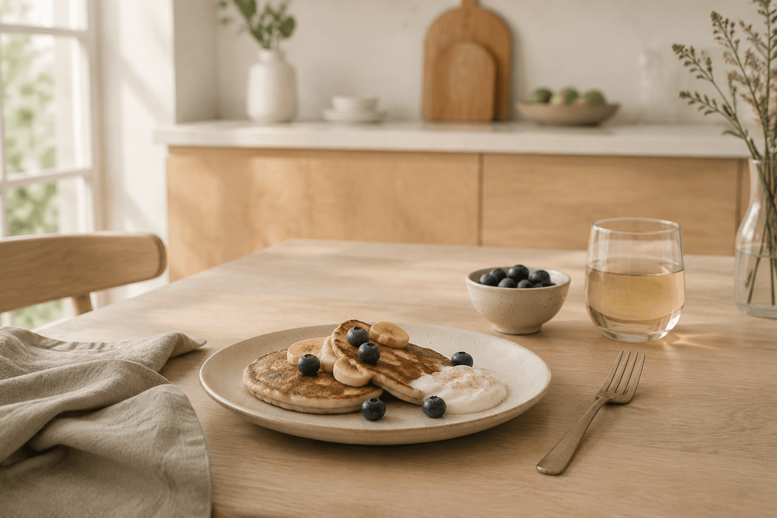 Pannenkoekjes op een lichte houten ontbijttafel
