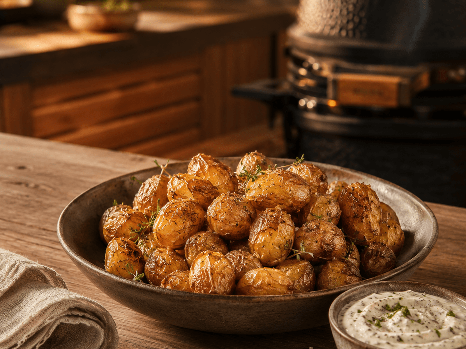BBQ-aardappeltjes met knoflooksaus in warme buitenkeuken
