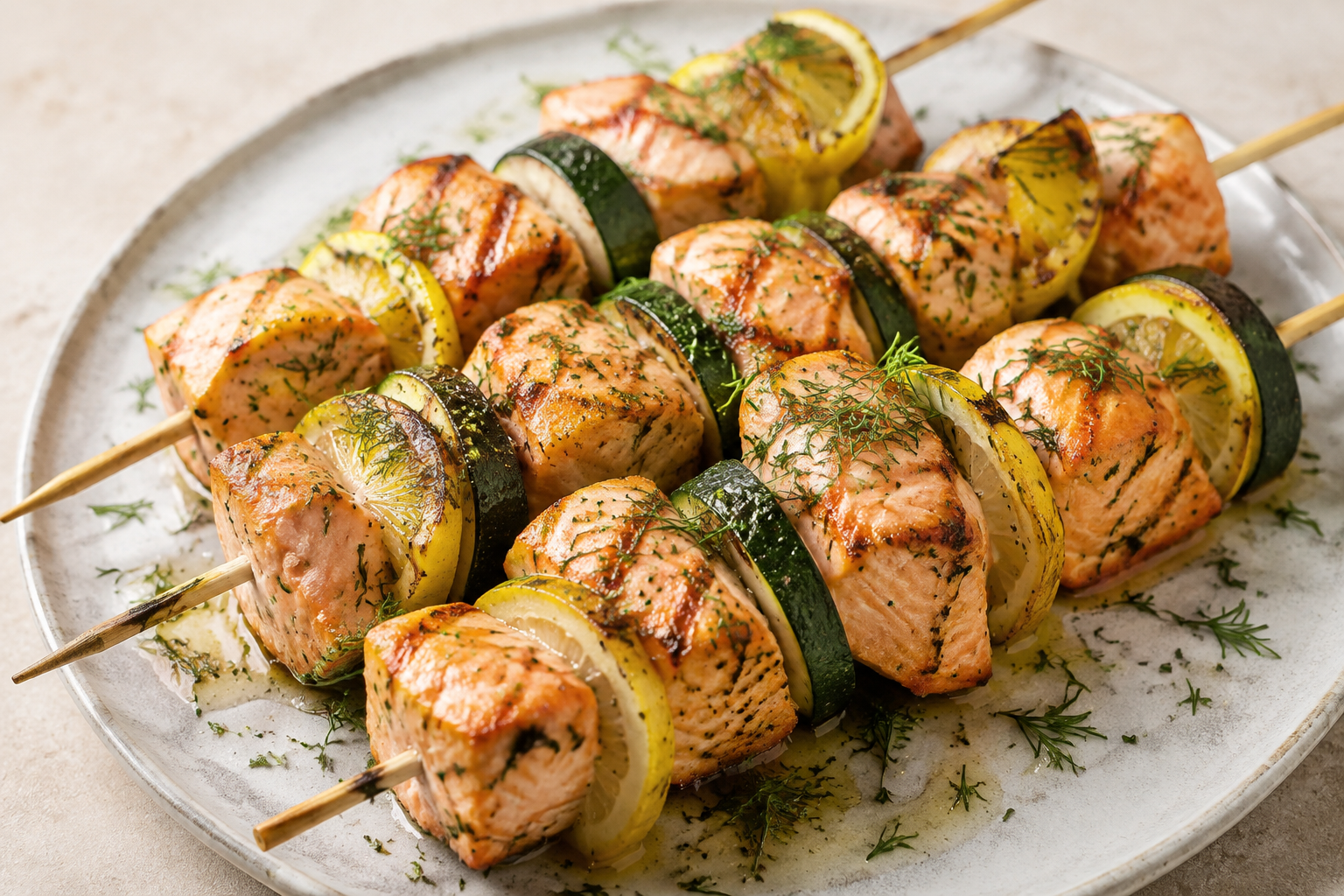 Close-up van bbq-zalmspiesen met citroen en dille