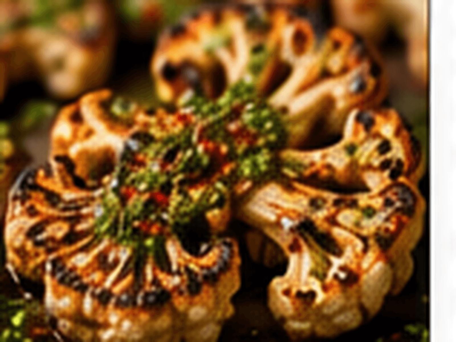 Close-up van gegrilde bloemkoolsteak met pesto