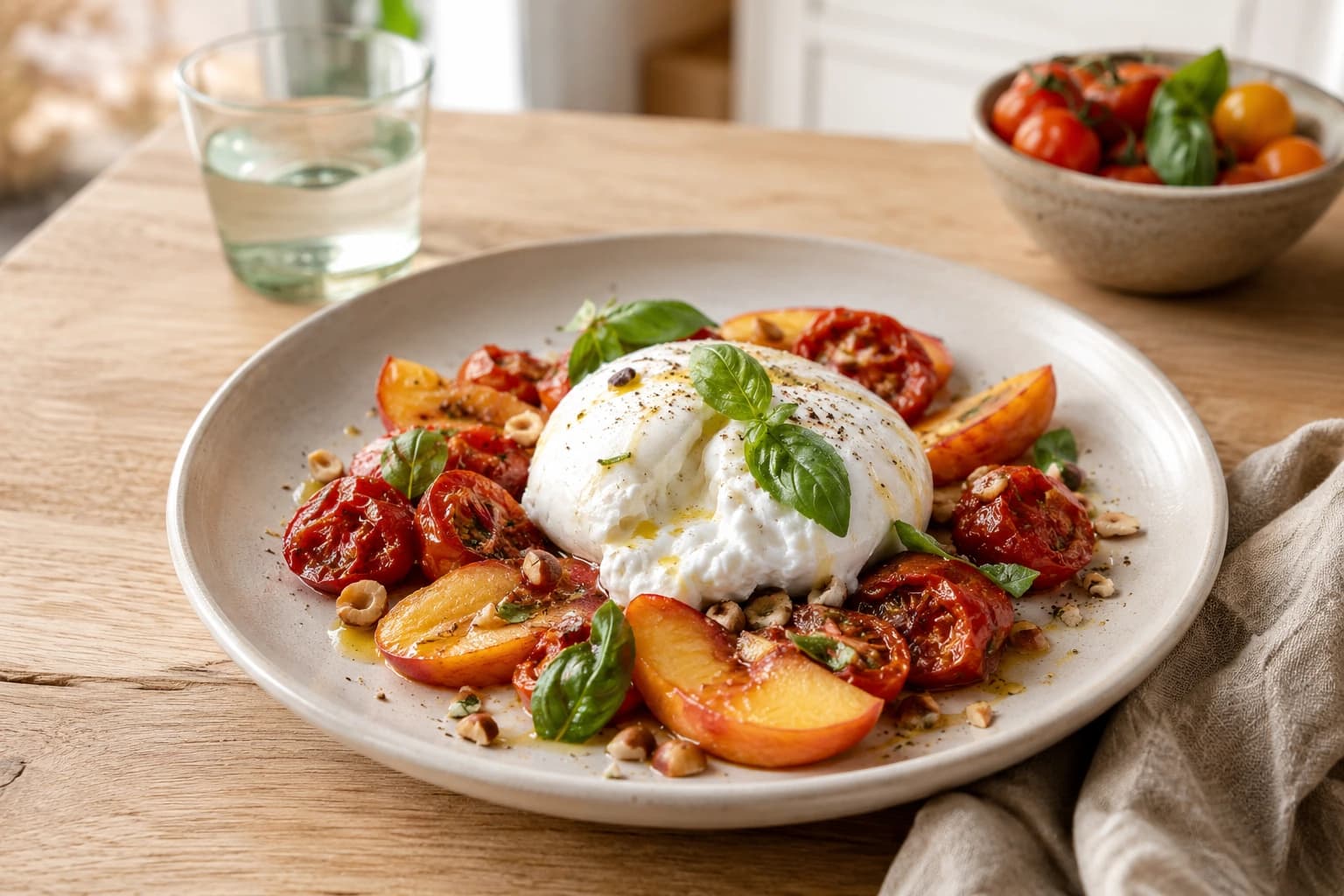 Burrata met Geroosterde Tomaat, Perzik en Basilicum