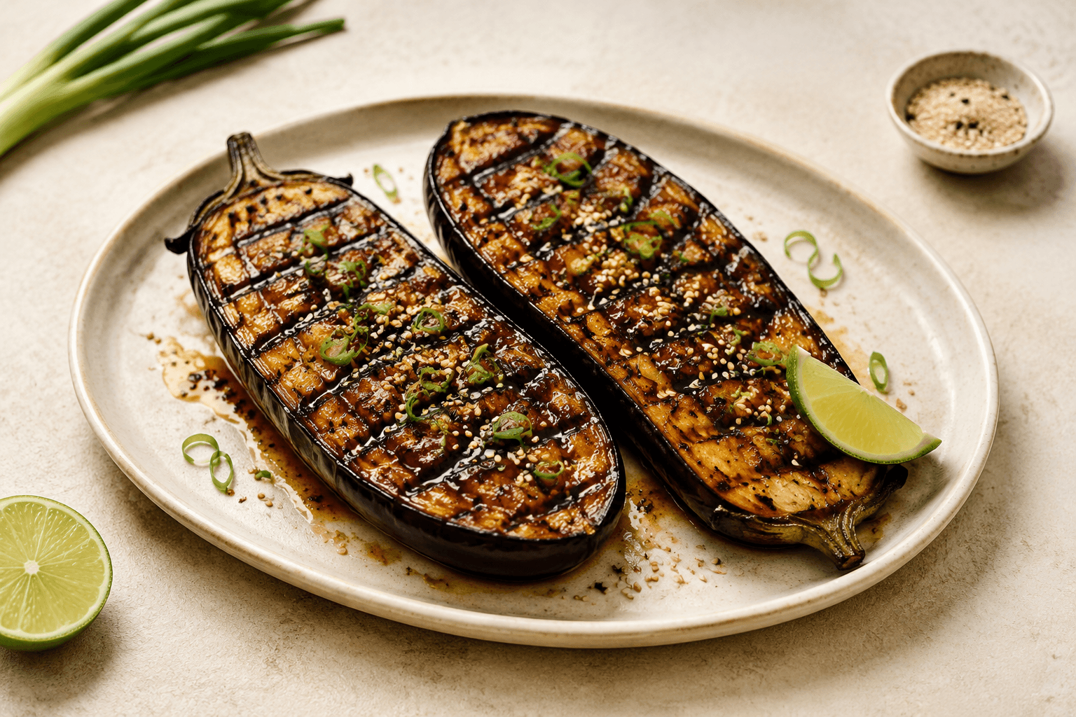 Gegrilde aubergine met miso en sesam