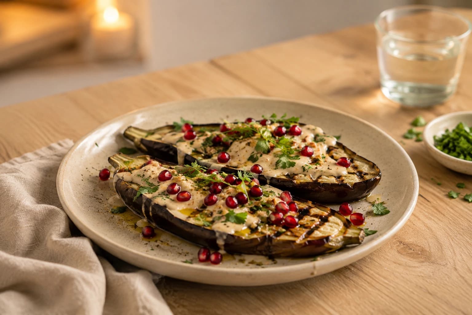 Gegrilde Aubergine met Tahin, Granaatappel en Kruiden