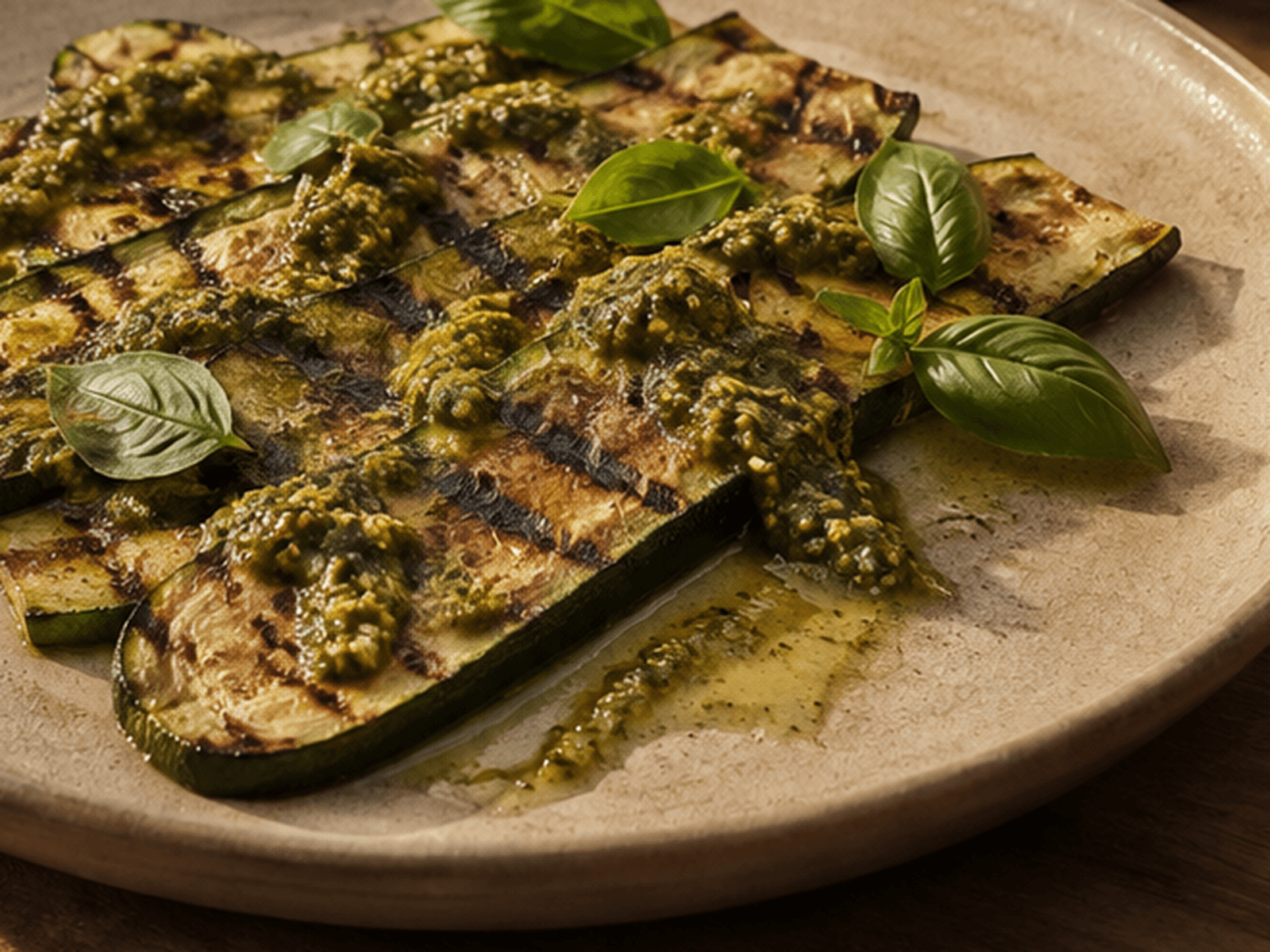 Close-up van gegrilde courgette met groene pesto