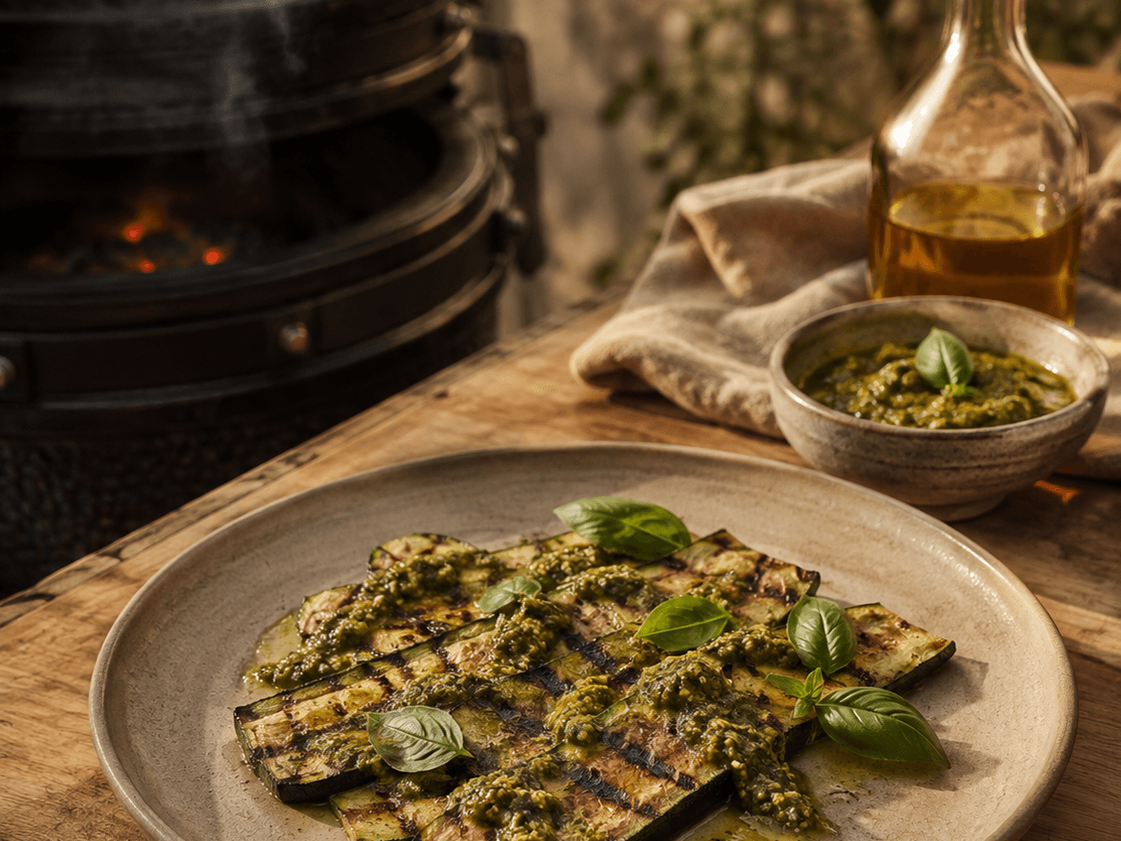 Gegrilde courgette met pesto bij de kamado