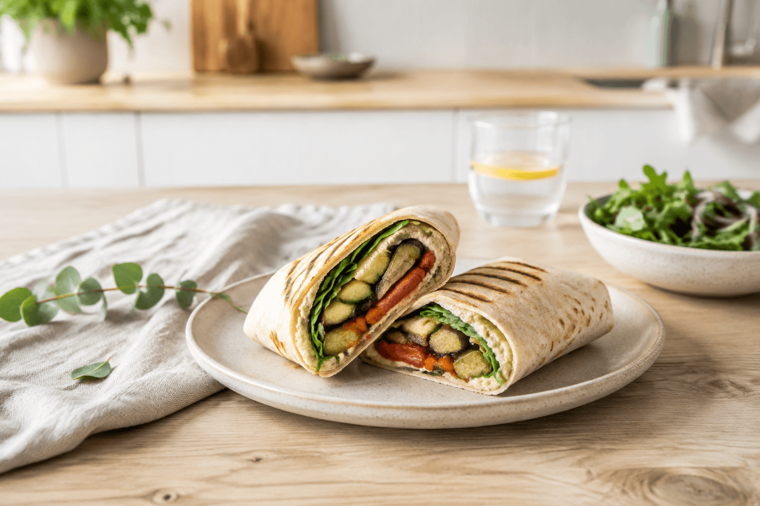 Vegetarische wrap in een frisse lichte lunchsetting