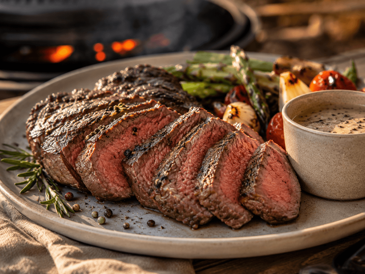 Close-up van medium-rare steak met romige pepersaus