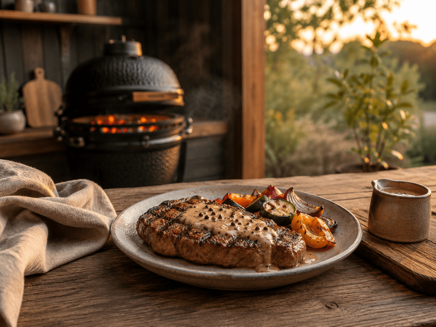 Gegrilde steak met pepersaus in een warme BBQ-setting