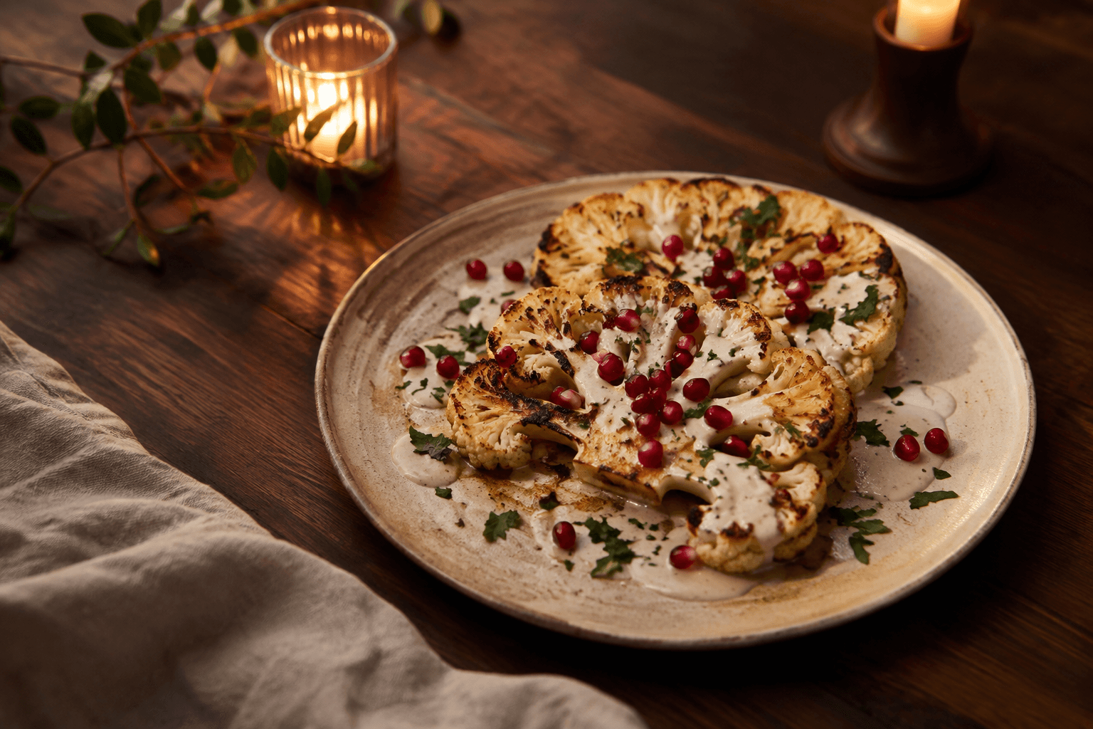 Bloemkoolsteak in een warme Scandinavische dinersetting