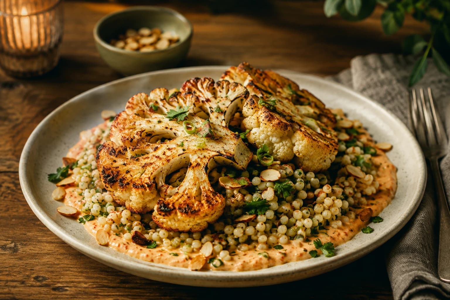 Geroosterde Bloemkoolsteaks met Harissa-yoghurt en Parelcouscous