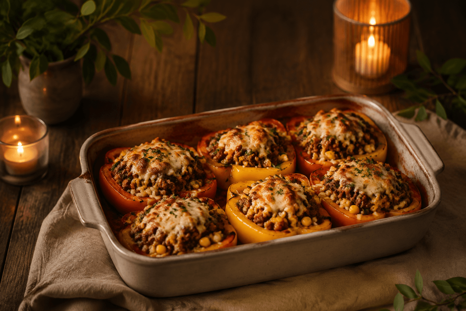 Gevulde paprika's in een warme huiselijke dinersetting