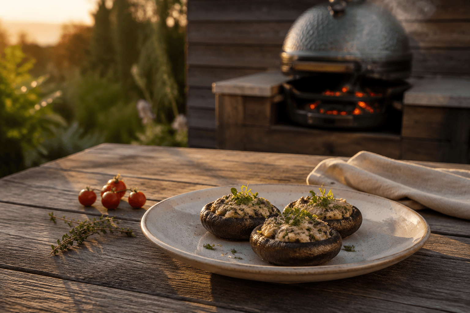 Gevulde portobello in een rustige Scandinavische BBQ-setting
