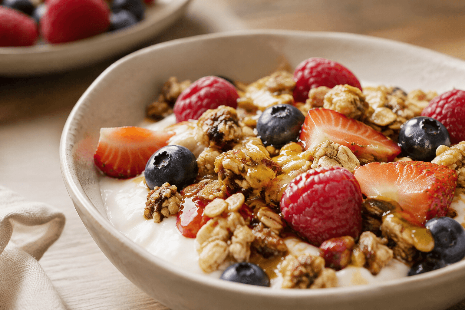 Close-up van dikke yoghurt met bessen en krokante granola