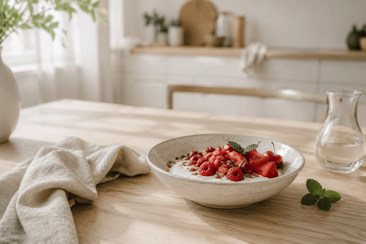 Yoghurt met fruit op een rustige lichte ontbijttafel