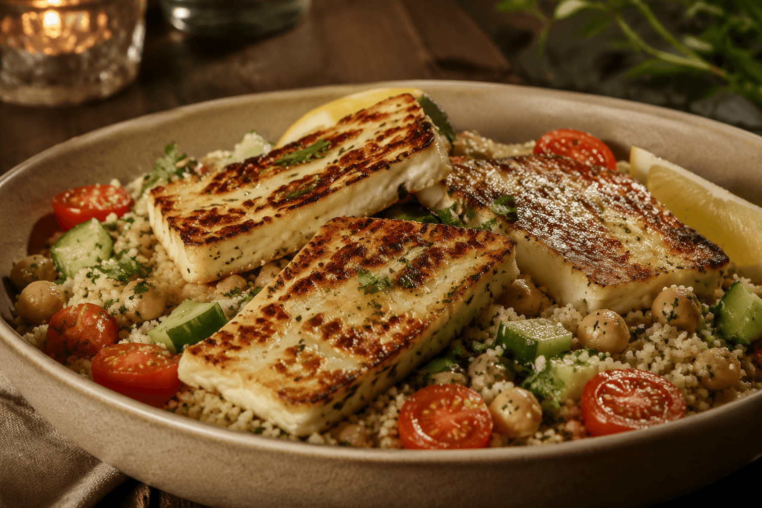 Close-up van gebakken halloumi met kruidige couscous