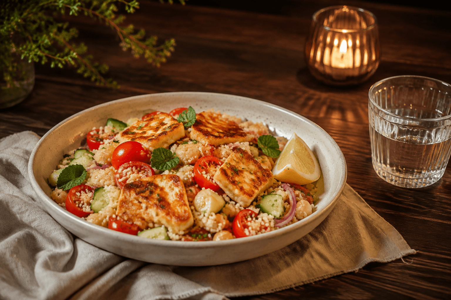 Halloumi bowl in een elegante vegetarische dinersetting
