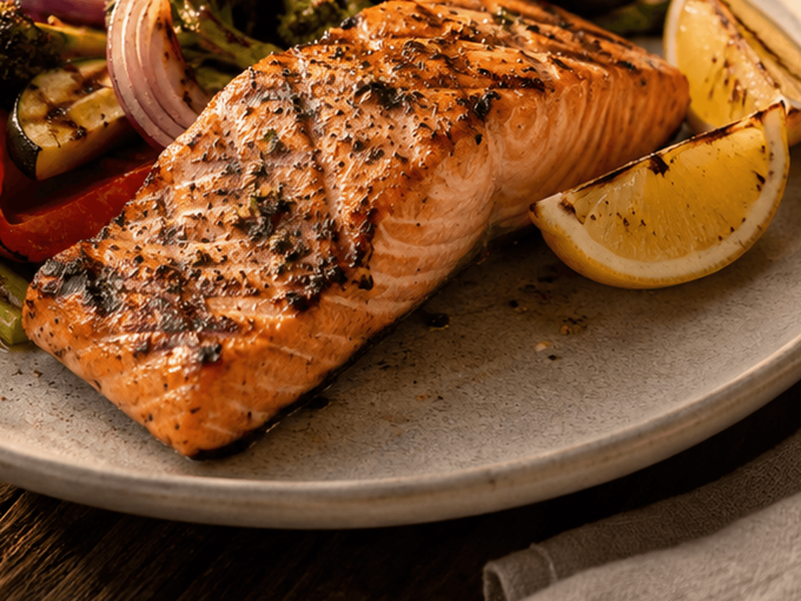 Close-up van gegrilde zalm met honing-mosterdglaze