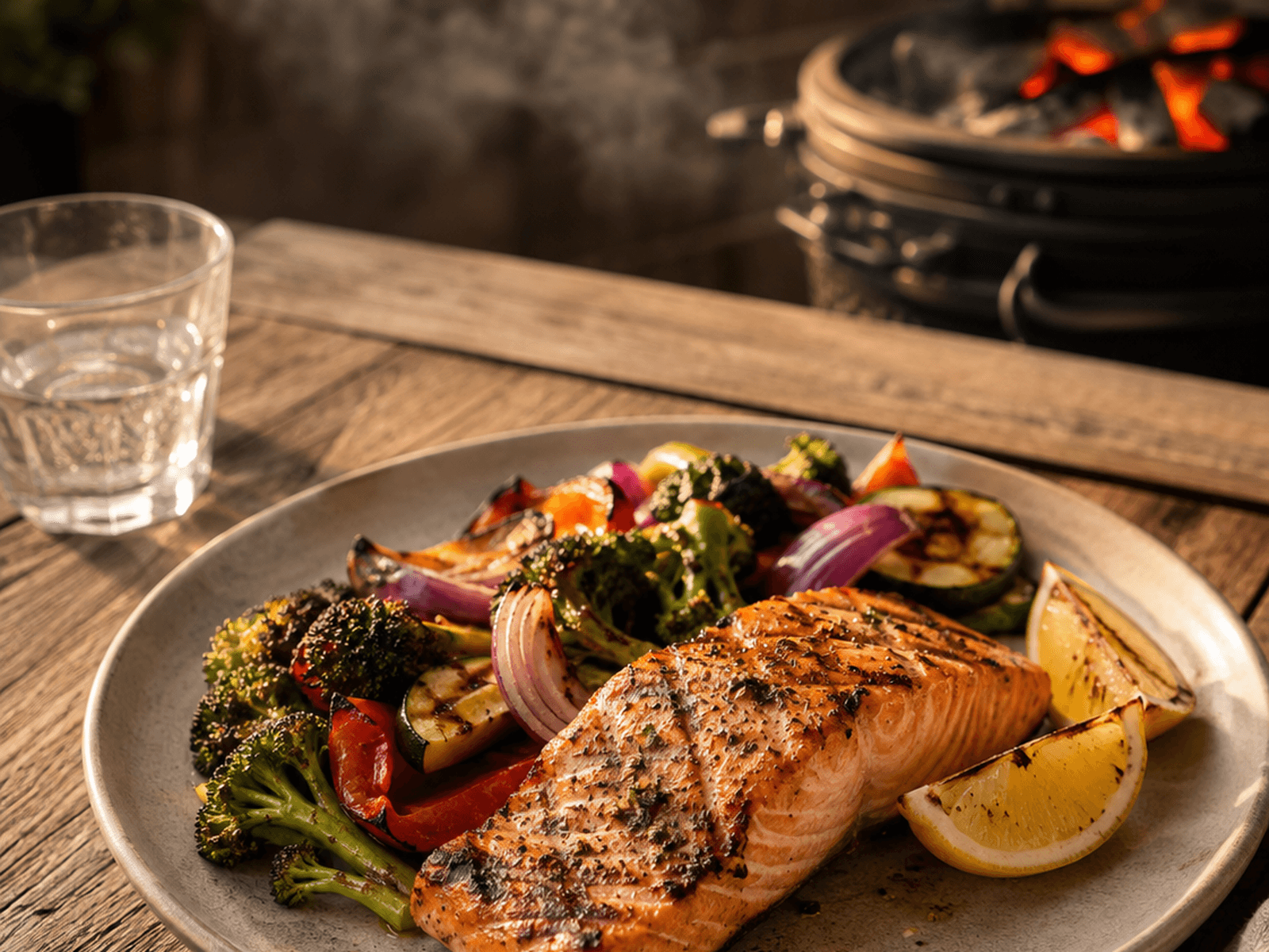 Honing-mosterd zalm in een warme BBQ-setting