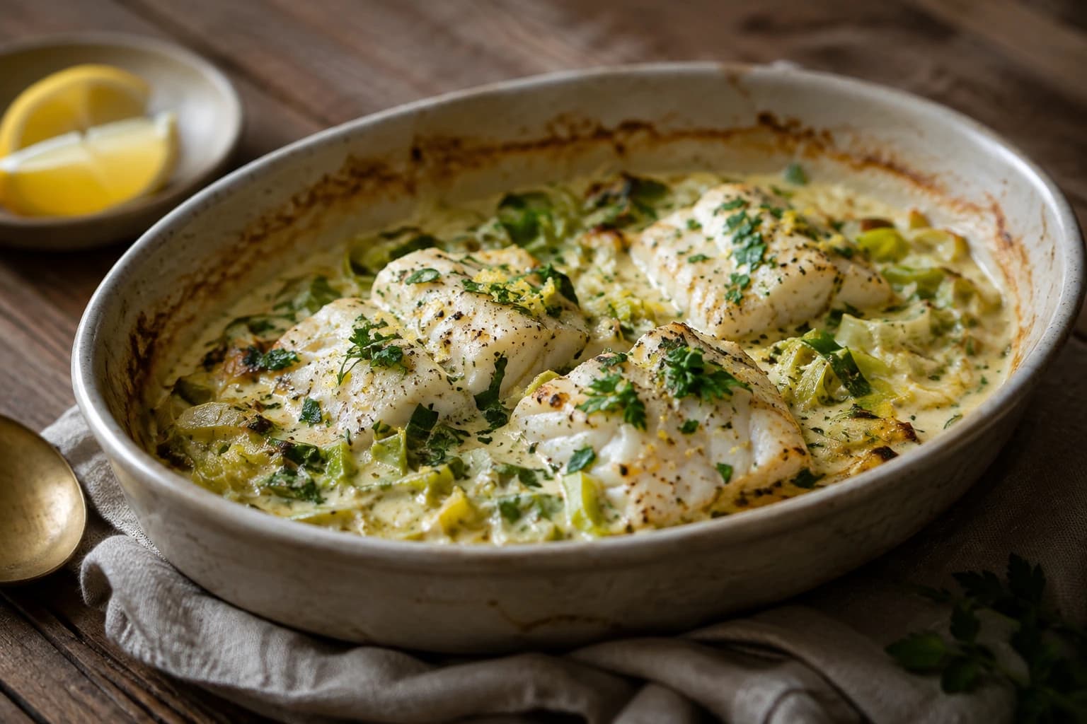 Kabeljauw uit de Oven met Prei en Mosterdroom