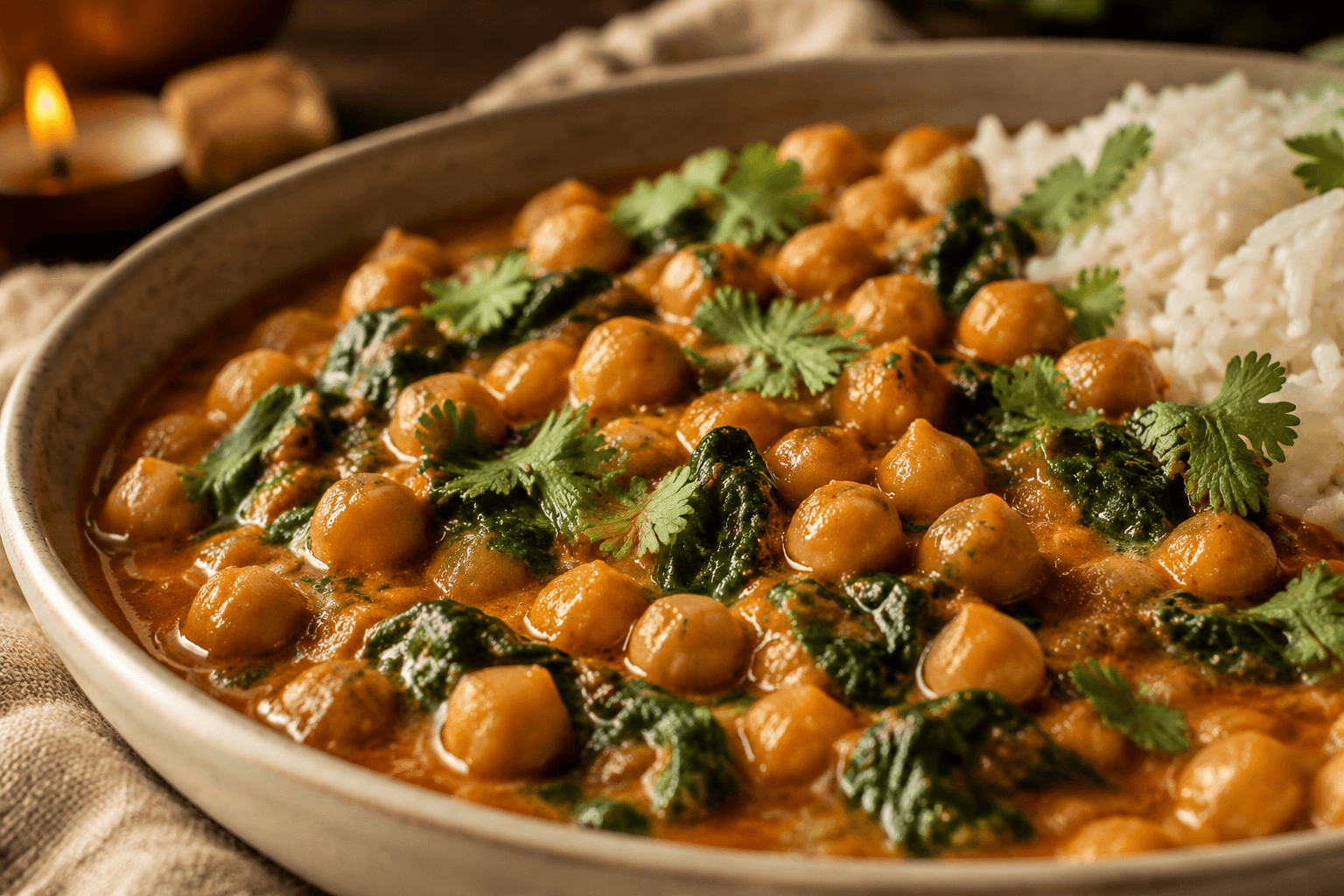 Close-up van kikkererwten en spinazie in kokos-currysaus