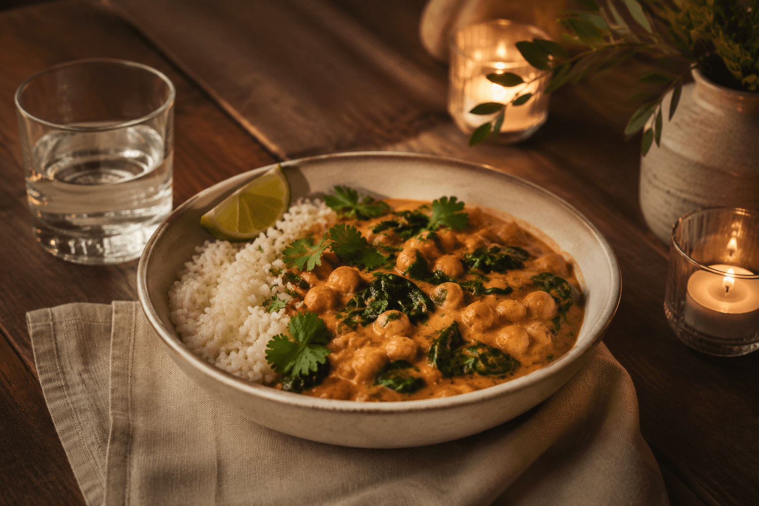 Kikkererwtencurry met rijst in een warme dinersetting