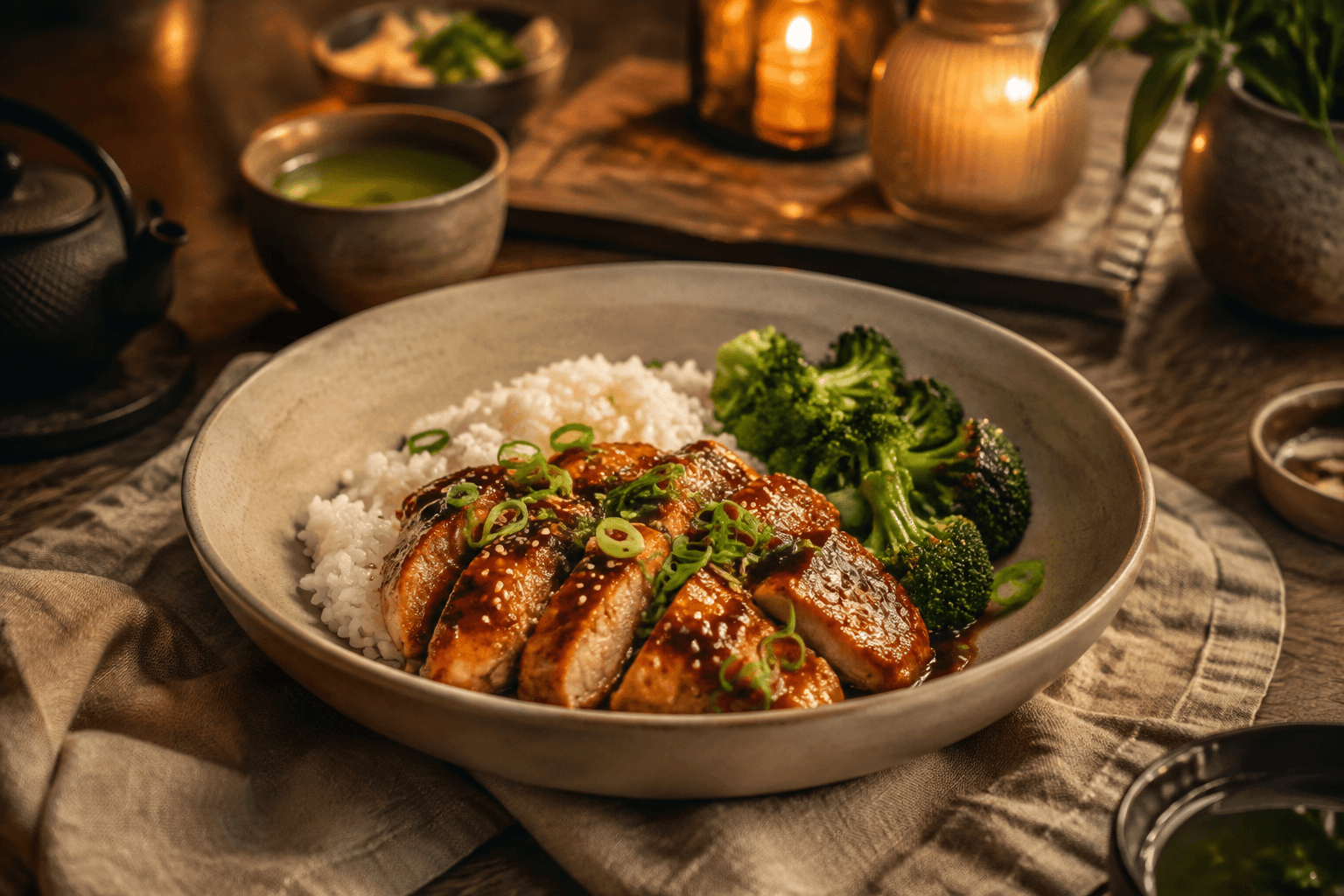 Teriyakikip met rijst in een warme moderne dinersetting