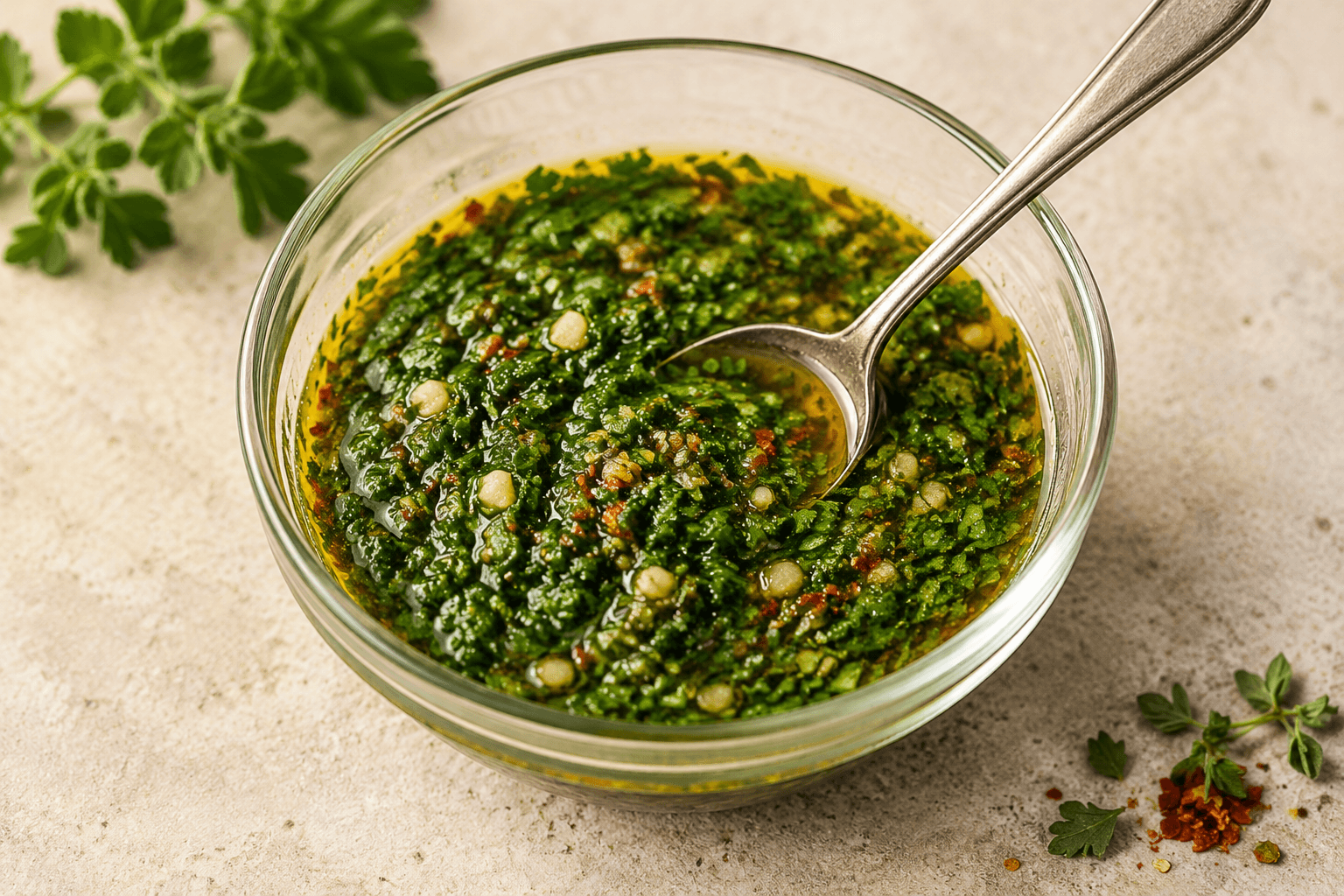 Close-up van klassieke chimichurri met verse kruiden