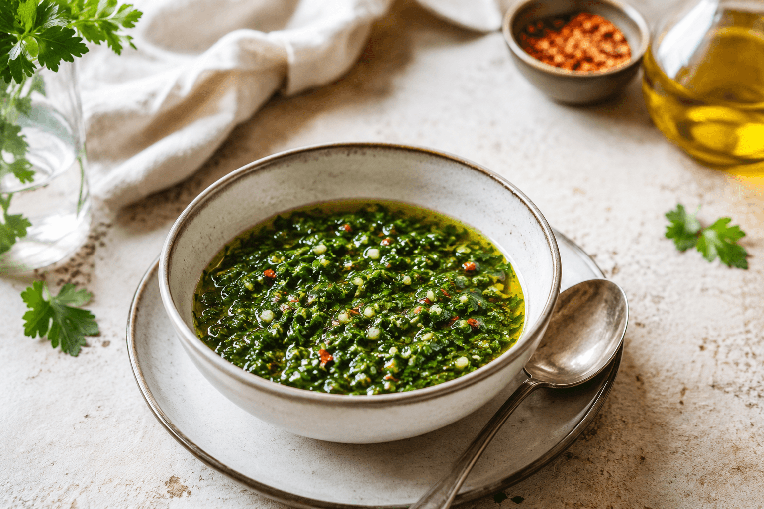 Klassieke chimichurri met verse kruiden in een sfeervolle setting