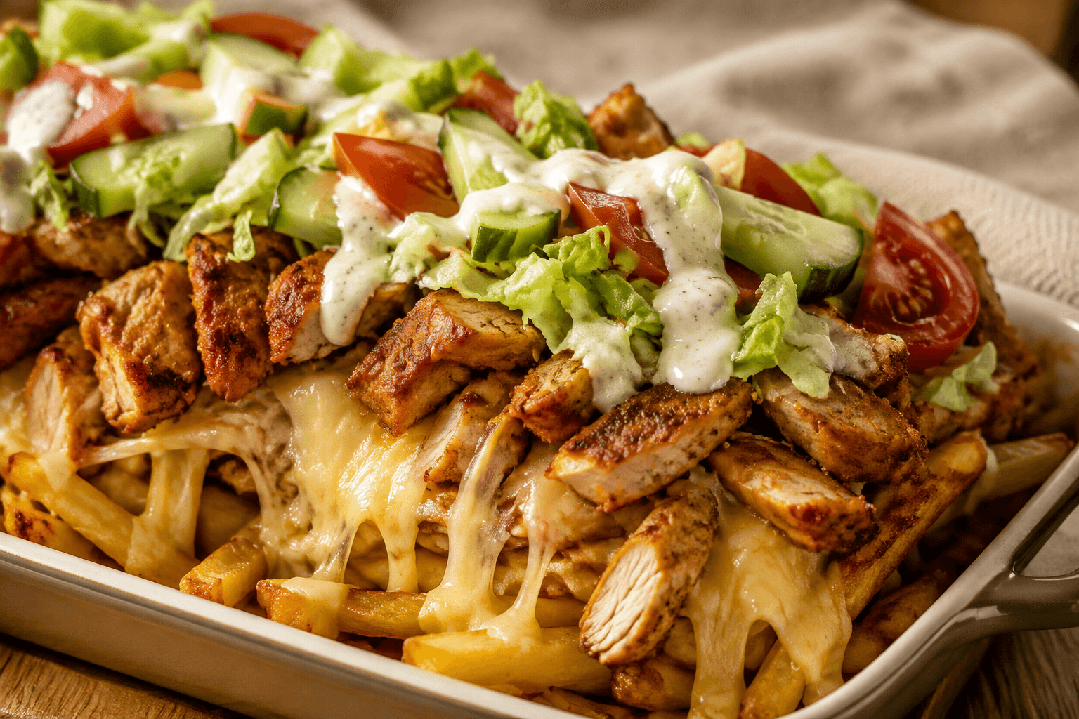 Close-up van kapsalon met kipshoarma, kaas en knoflooksaus