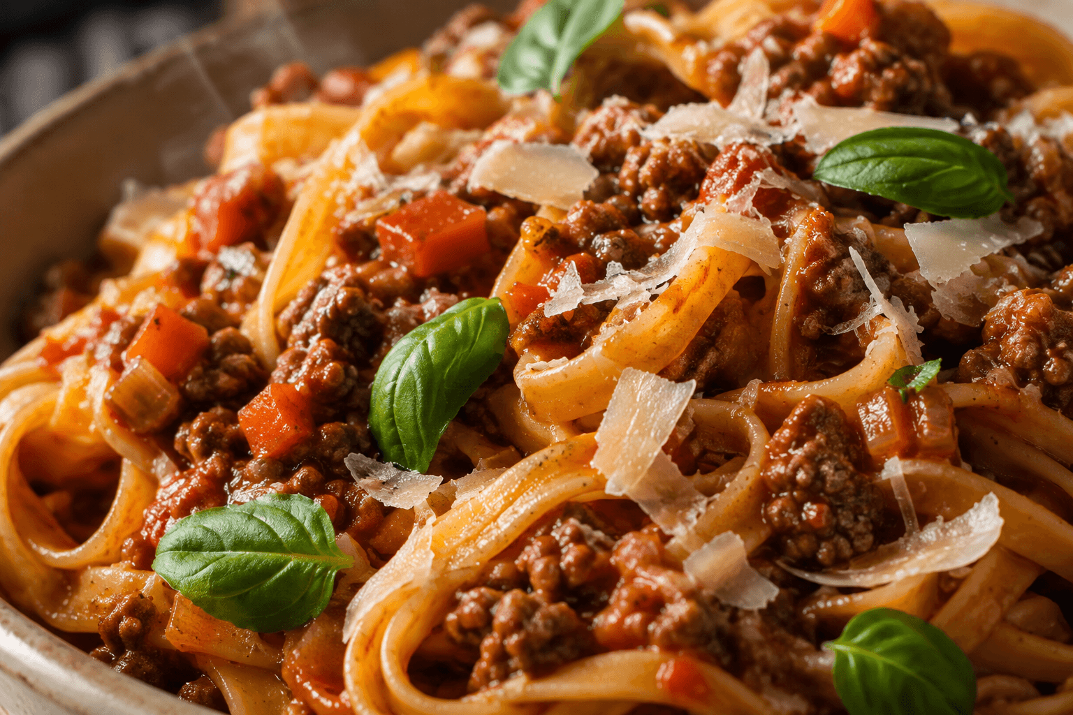 Close-up van pasta met rijk gevulde bolognesesaus