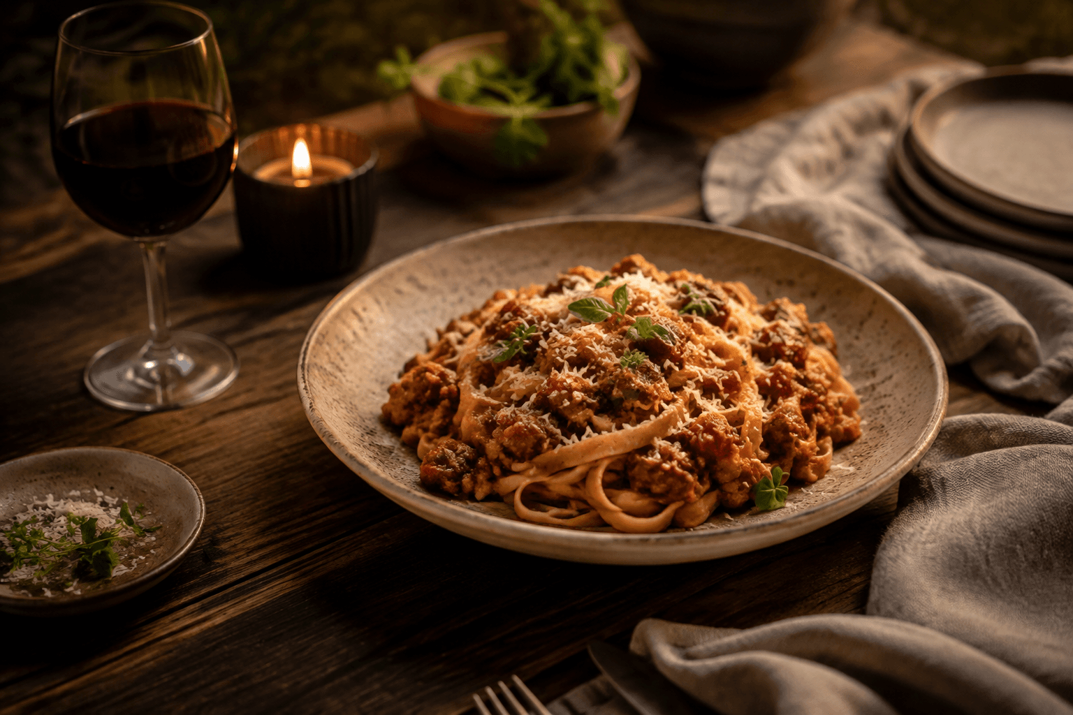 Pasta bolognese op een warme stijlvolle eettafel