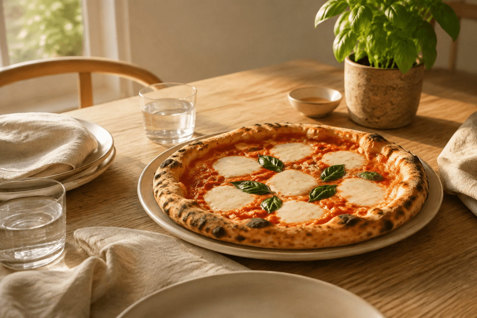 Pizza Margherita in een warme Italiaanse tafelsetting