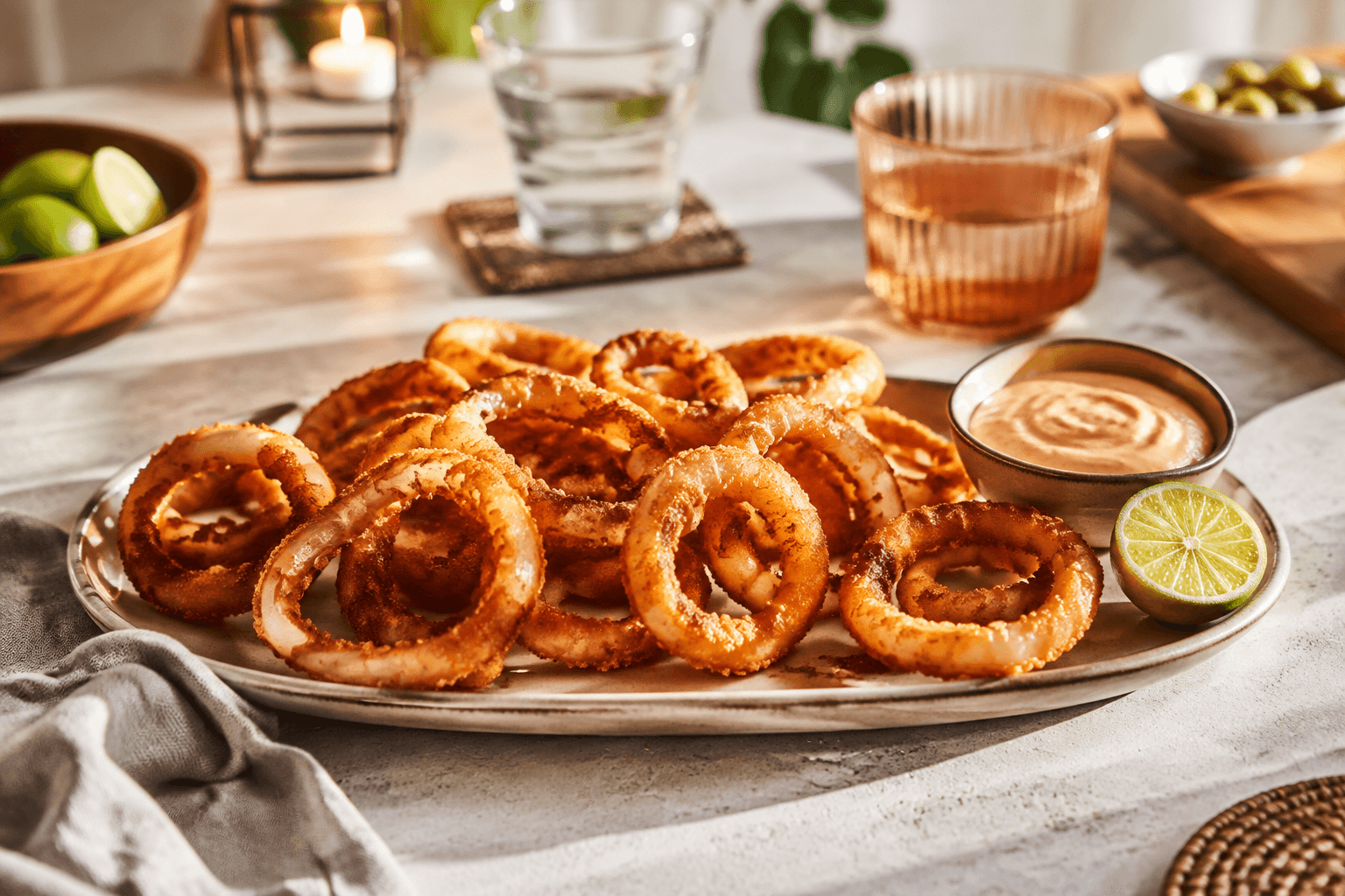 Airfryer-uienringen met dipsaus op een borreltafel