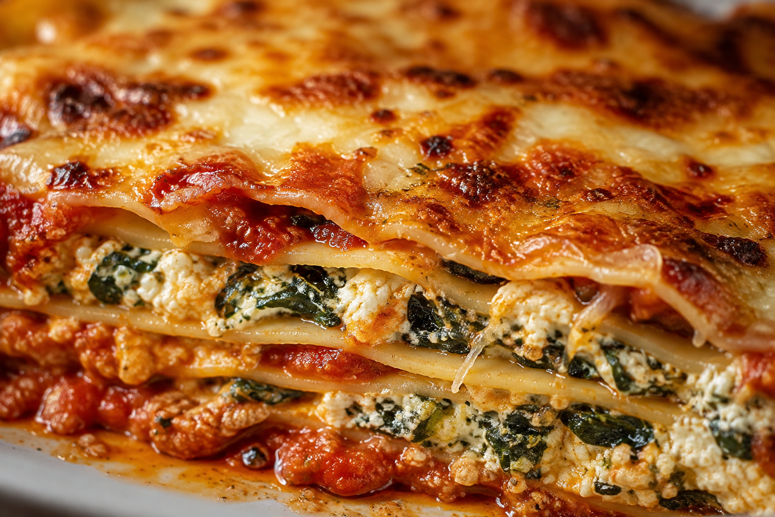 Close-up van de romige lagen spinazie en ricotta in lasagne