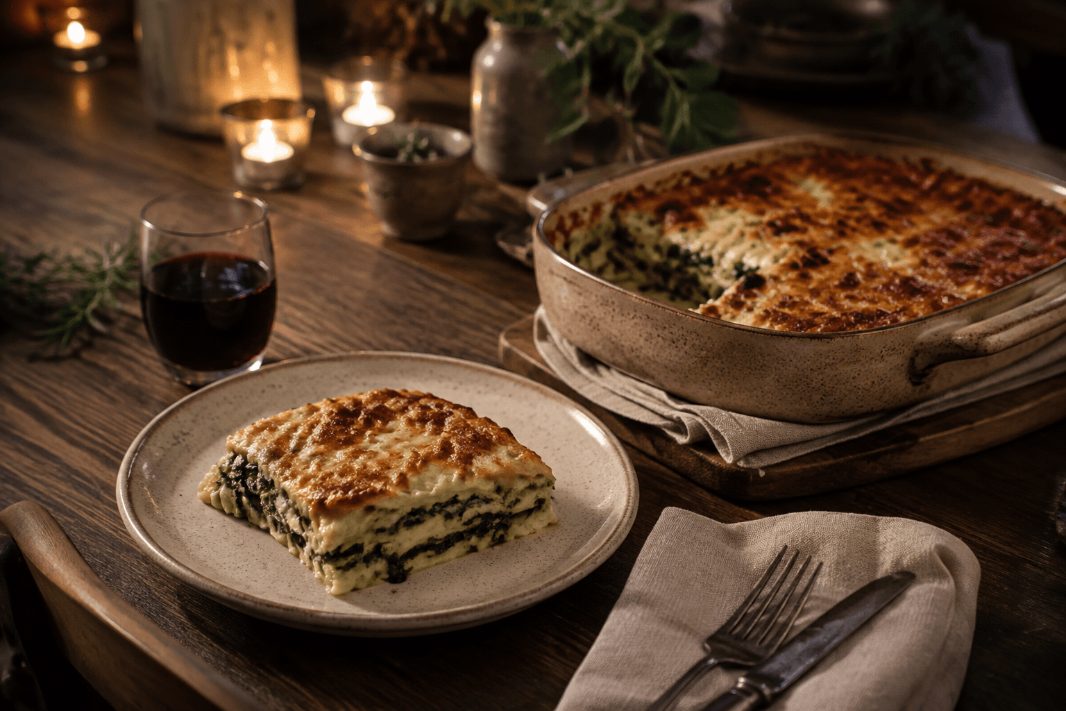 Vegetarische lasagne in een warme huiselijke dinersetting