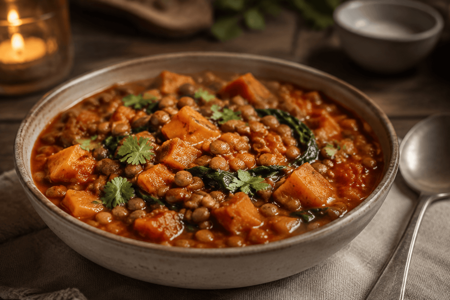 Close-up van linzen en zoete aardappel in kruidige tomatensaus