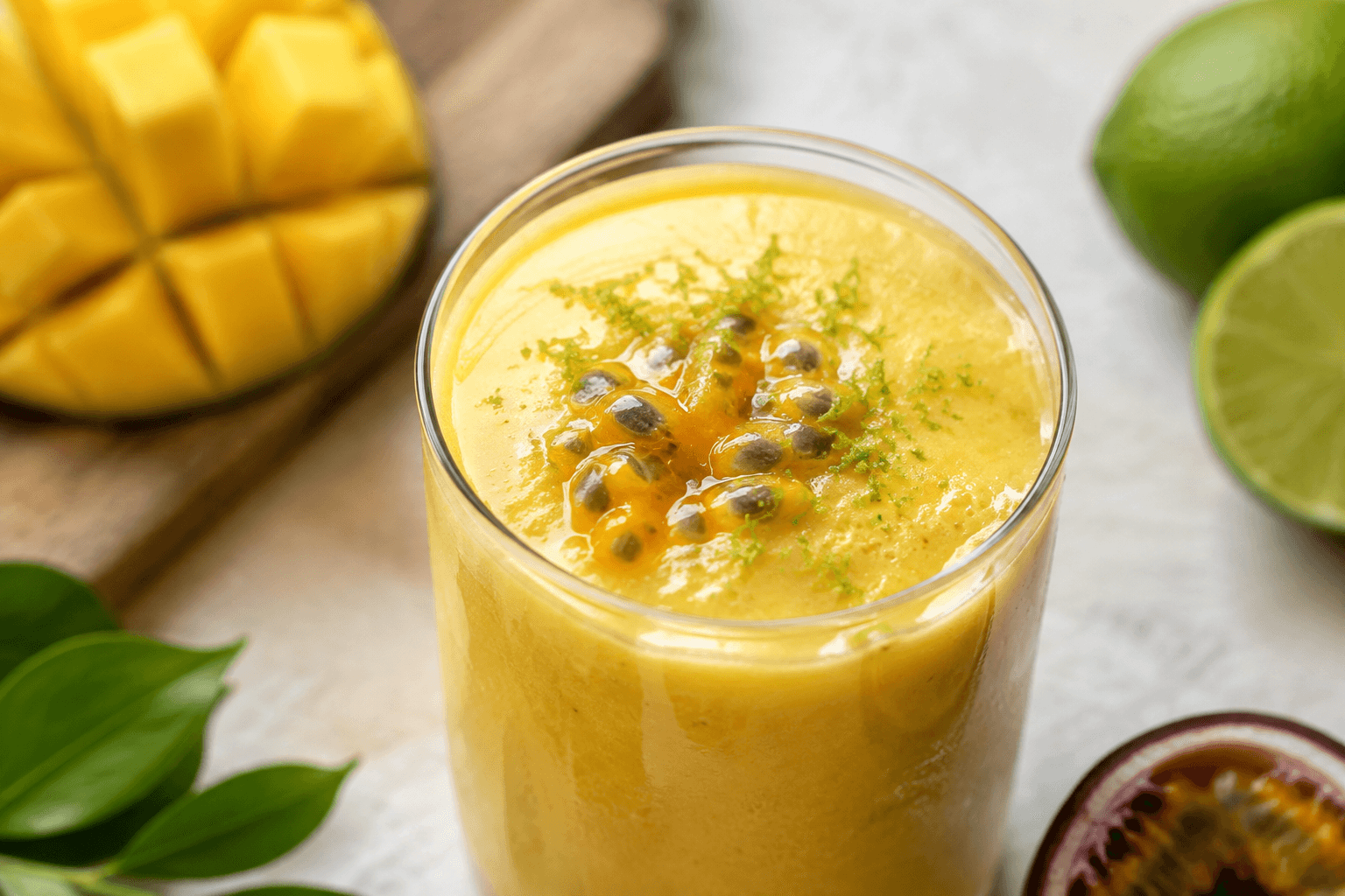 Close-up van romige mangosmoothie met passievrucht