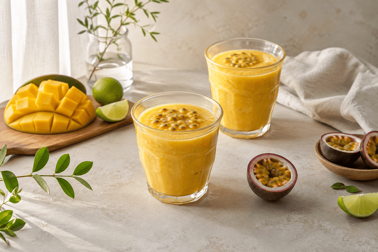 Mango-passievruchtsmoothie in een lichte ontbijtsetting