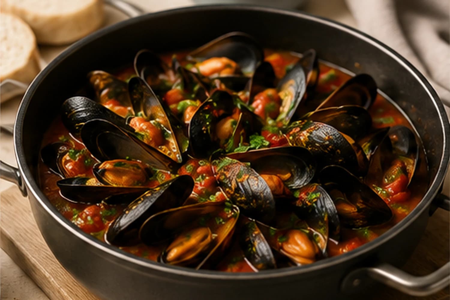 Mosselen in kruidige tomatensaus met verse kruiden