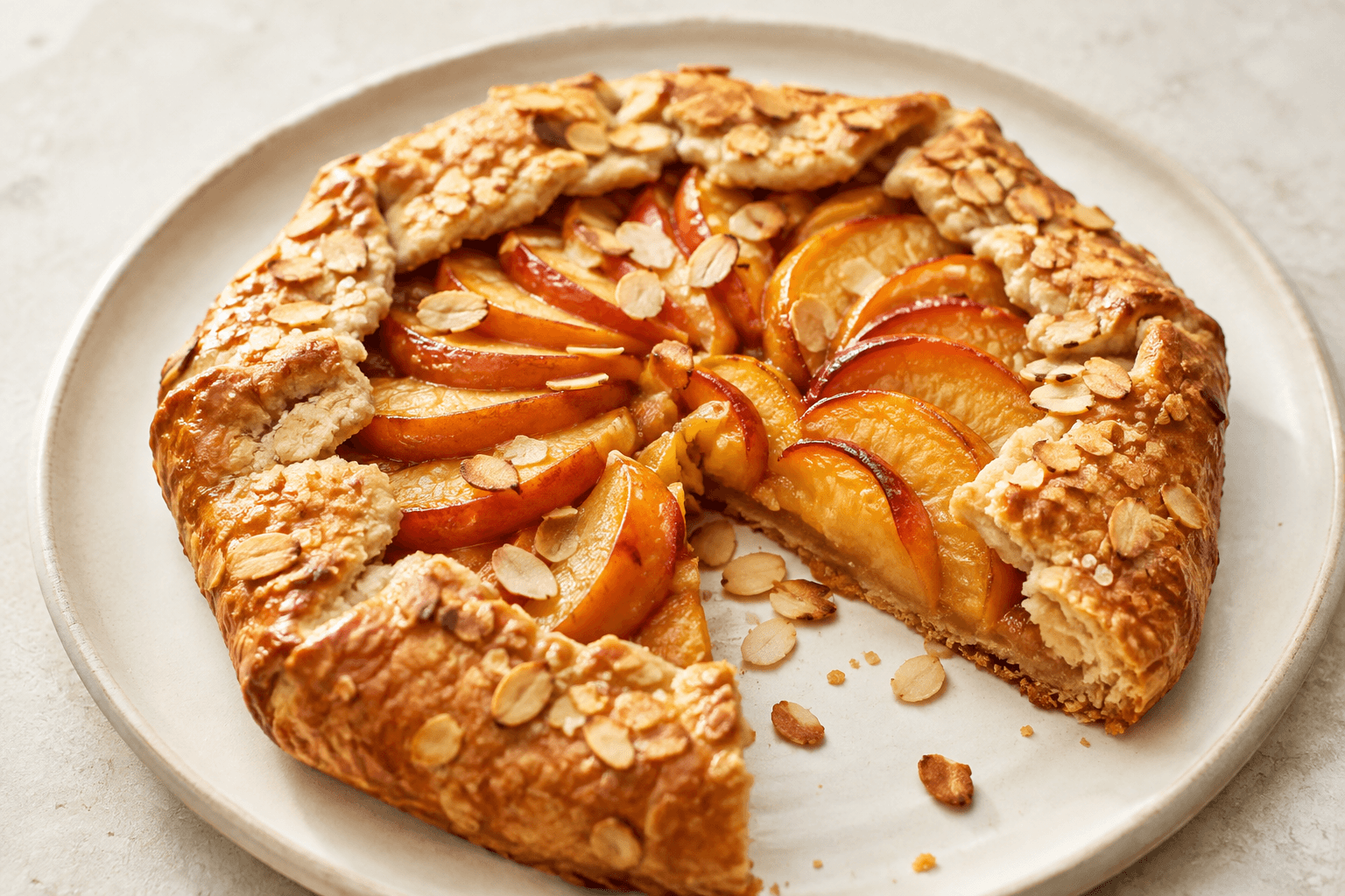 Close-up van perzikgalette met amandel