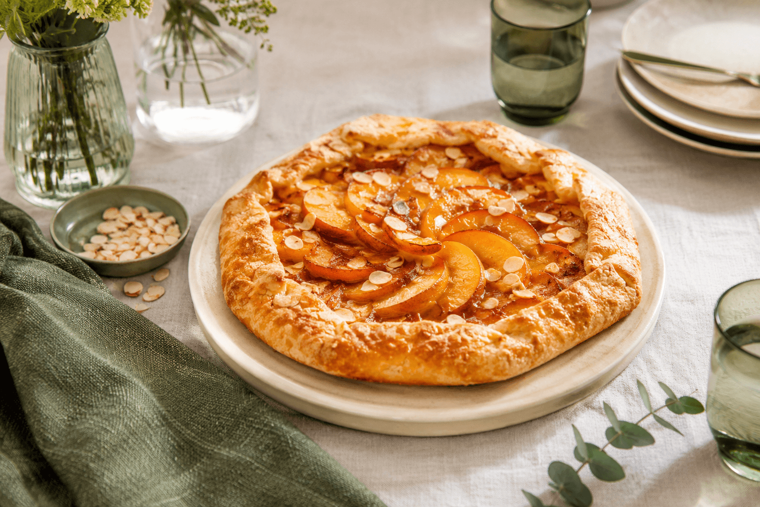 Perzikgalette met amandel in een sfeervolle setting