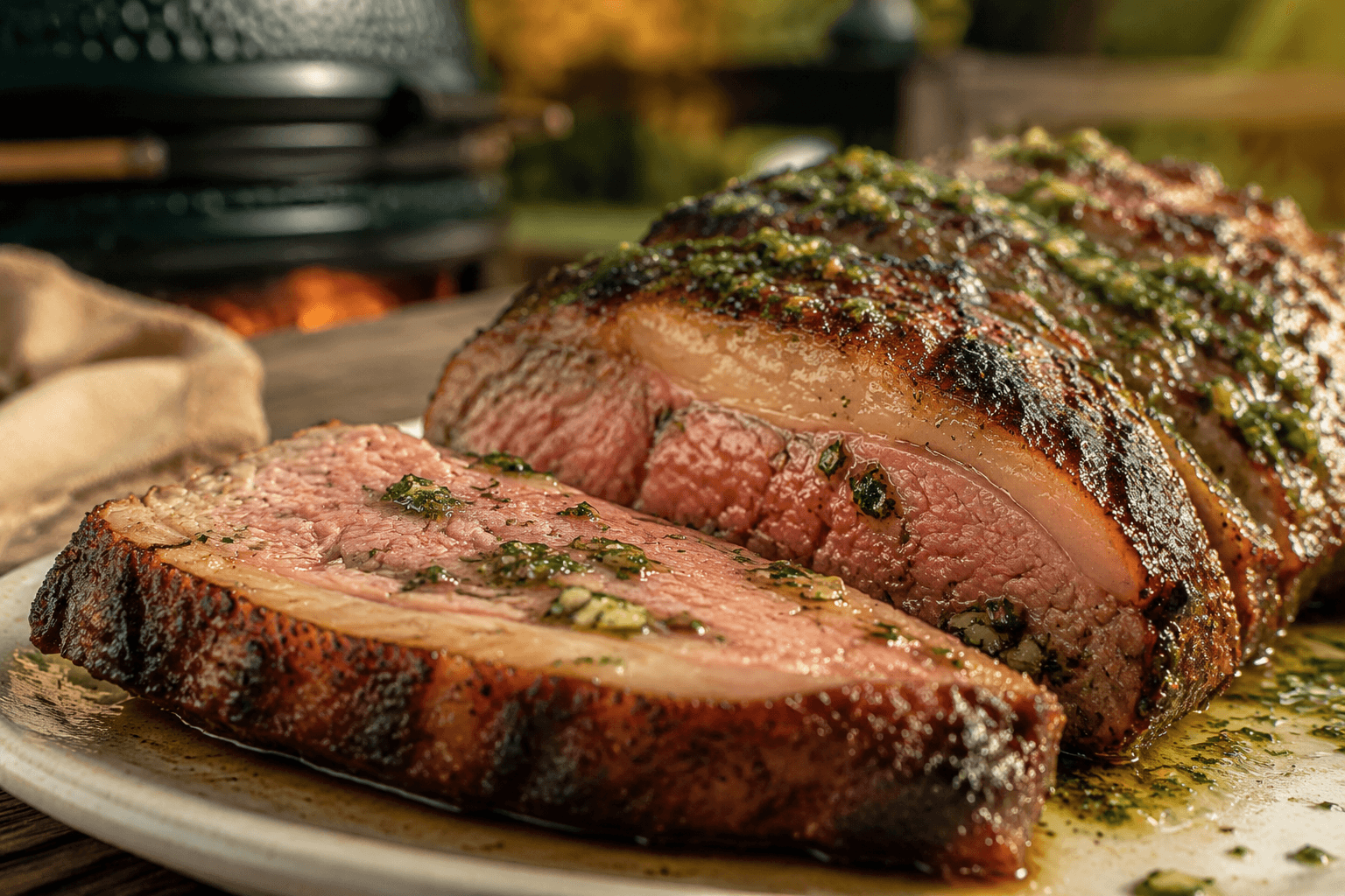 Close-up van rosé picanha met frisse chimichurri