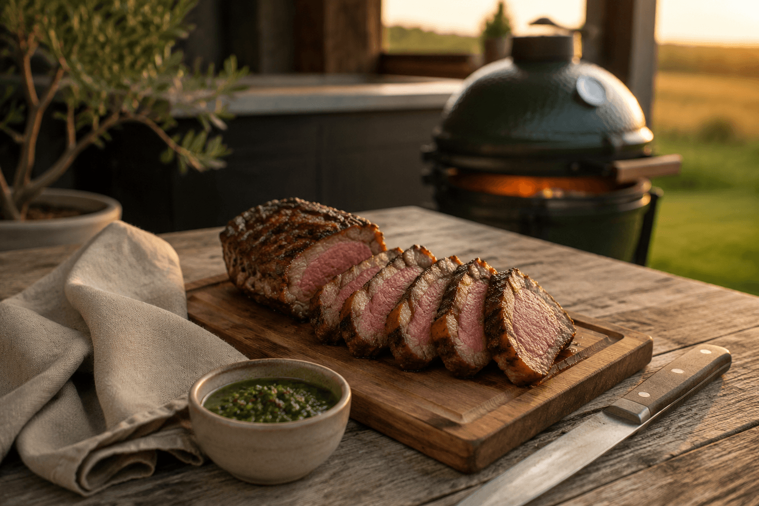 Gesneden picanha op een houten plank bij de kamado
