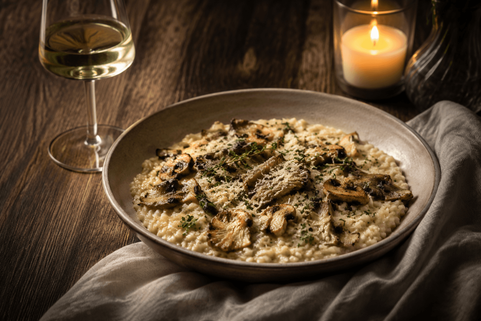 Paddenstoelenrisotto in een elegante warme dinersetting