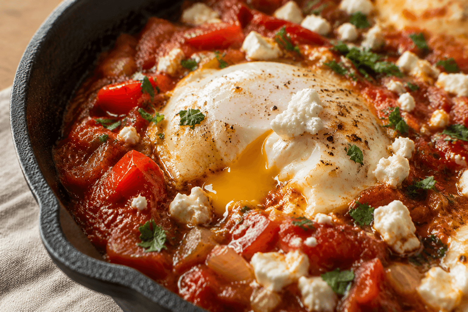 Close-up van shakshuka met kruidige tomatensaus en zachte eidooier