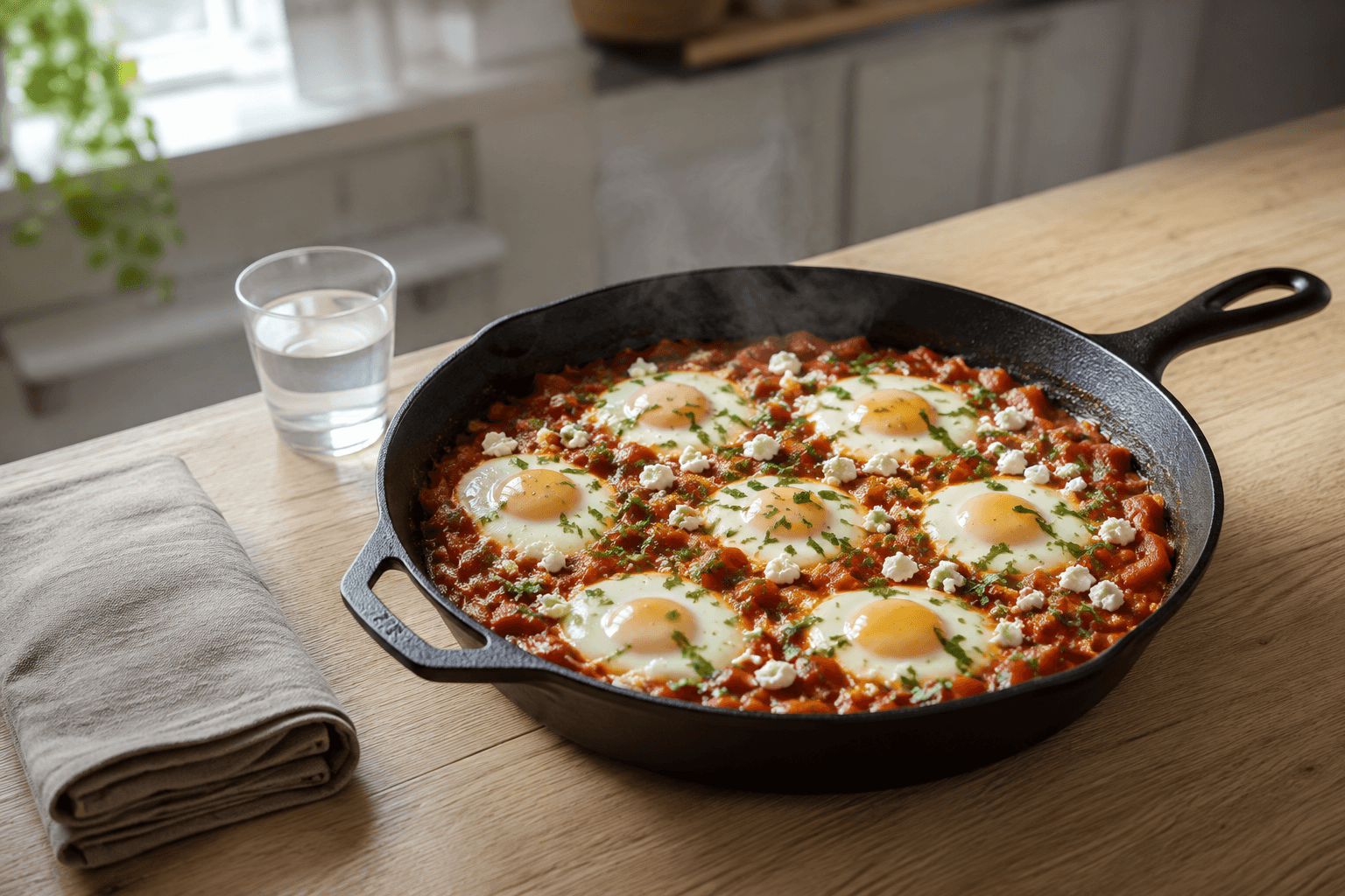 Warme shakshuka op een rustige Scandinavische ontbijttafel