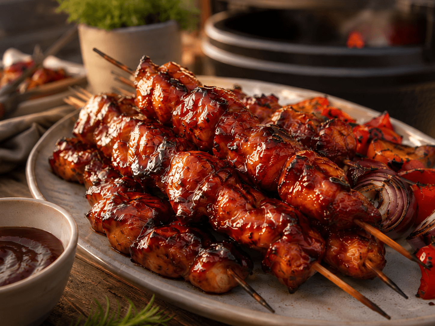 Close-up van sticky BBQ-kipspiesen met Smoky BBQ-saus